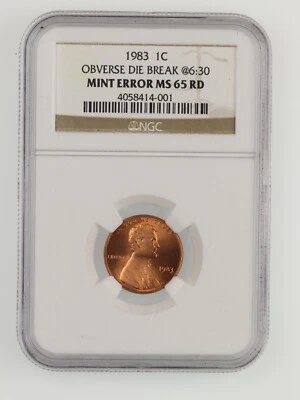 1983 LINCOLN CENT 1C NGC MS 65 RD MINT ERROR OBVERSE STRUCK THRU CAPPED DIE - Image 1 of 4