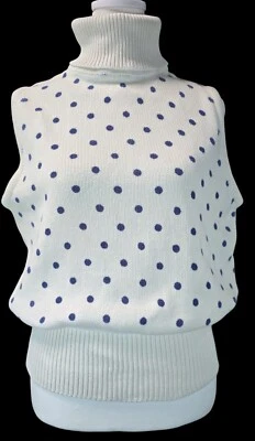 Vintage Women XL LeRoy Knitwear Sweater Vest Ivory Blue Polka Dot Turtleneck 80s - Image 1 of 4
