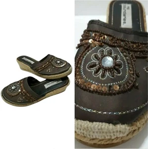 Womens  size 7 1/2 Vtg Seguin Espadrille Y2k Chunky Wedge Brown Tank Shoes - Picture 1 of 11