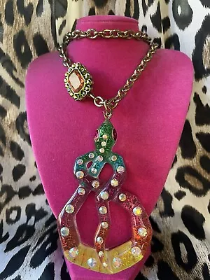 Betsey Johnson Vintage Rio HUGE Lucite Rainbow Glitter Snake Long Necklace RARE - Image 1 of 4