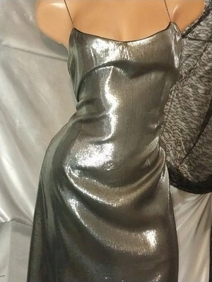 TERI JOHN RICKIE FREEMAN SILVER CHROME SHINY LAME EVENING DRESS FIRE LIQUID SZ6 - Image 1 of 4