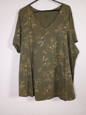 Camiseta manga corta Lane Bryant talla 26/28 verde oliva dorado estampado floral cuello en V Foto 1 de 4