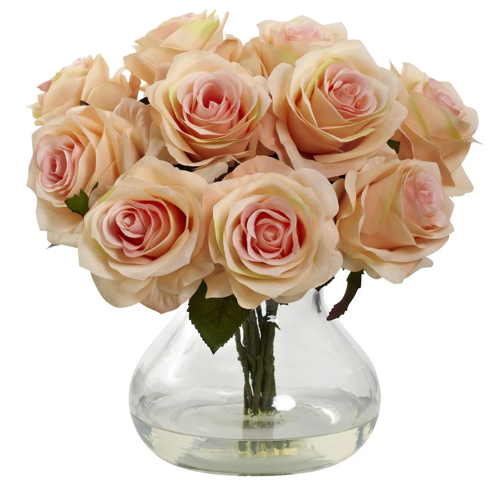 11" ARTIFICIAL SILK PEACH ROSE FLORAL FLOWER BOUQUET ARRANGEMENT w/ GLASS VASE - Image 1 of 1