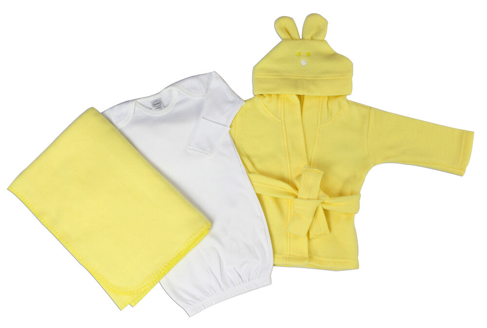 Bambini Brand Unisex Newborn Baby 3 Pc Set Gown, Robe, Fleece Blanket Wht/Yellow