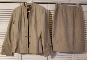 Larry Levine 2-Piece Size 10 Jacket Skirt Suit Brown Cotton Wool Blend Lined - Picture 1 of 13