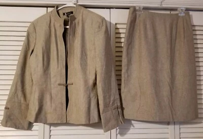 Larry Levine 2 Piezas Talla 10 Chaqueta Falda Traje Marrón Algodón Mezcla Lana Forrado Foto 1 de 4