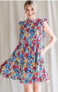 Jodifl Floral Babydoll Dress Women Sz S Red Blue Yellow Pockets Ruffle Skirt NWT - Picture 1 of 22