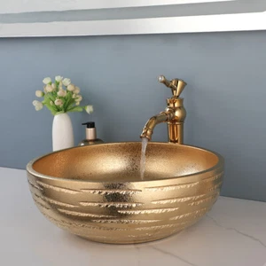 Gold Bathroom Vessel Sink Round Ceramic Basin Bowl Faucet Drain Combo Drain Set - Picture 1 of 13