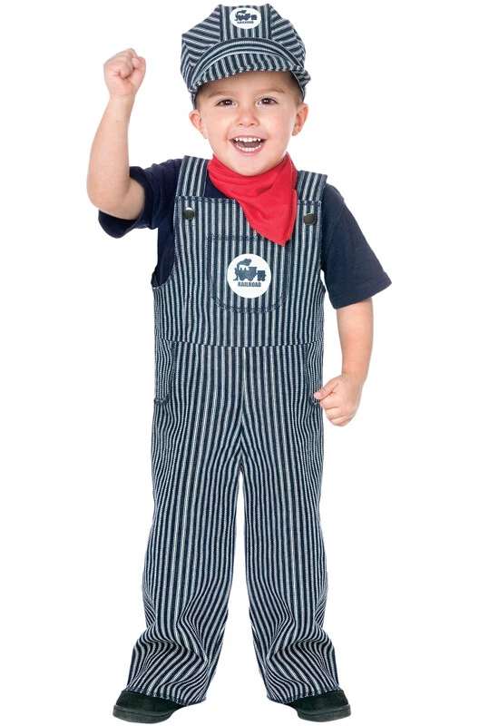 Train Conductor Engineer Striped Overalls Boys Outfit Toddler Costume - Image 1 of 1
