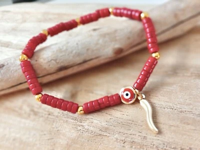 Italy Cornicello Bracelet, Red Evil Eye, Malocchio, Gold Horn, Italian Jewelry - Image 1 of 4