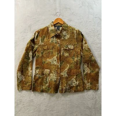 复古 Silkland 女式大号 100% 真丝纽扣衬衫大猫虎豹 — 第 1/4 张图片