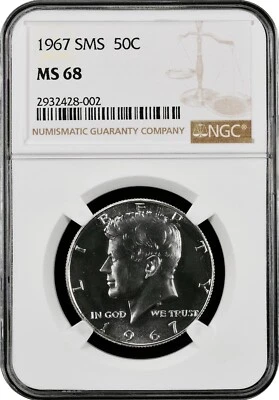 1967  KENNEDY  US Half Dollar,   MS68 by NGC,  SILVER  SMS,   EXQUISITE coin!!!! - Image 1 of 4