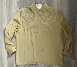 VTG Orlando Rossi 100% Silk Beaded Swirl Shiny Embroidered Gold Tone Shirt Sz 14 - Picture 1 of 9