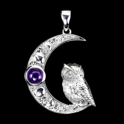 925 Pendente Argento Sterling Rotondo Ametista 5mm Gufo Naturale Gemma Gioielli - Immagine 1 di 4