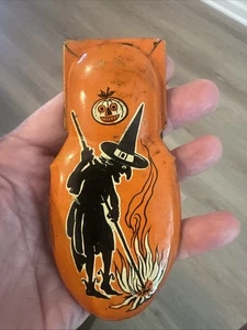 Vintage Halloween Kirchof tin Noisemaker Witch Jack O Lantern Clicker Large - Picture 1 of 10