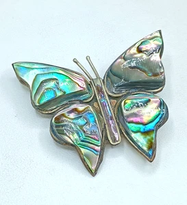 Vintage Alpaka Mexiko Silber Brosche Anstecknadel Schmetterling Abalone Muschel Intarsien 2" - Bild 1 von 8