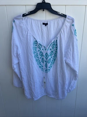 Top Earl Jean 2X Mujer Boho Borla Bordada Blanco Rayón Foto 1 de 4
