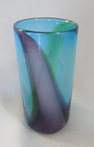 VINTAGE HAND BLOWN ART GLASS PURPLE AND BLUE, GREEN ACCENTED 6-1/2" VASE - Picture 1 of 5