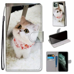 For iPhone 11 Pro Max XR XS X 6 7 8 SE Cat Scarf Flip Card Wallet Phone Case - Picture 1 of 12