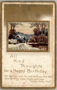 Postcard All Kind Thoughts for a Happy Birthday Gold Border Embossed Cabin - Picture 1 of 2