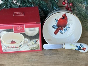LENOX CHRISTMAS WINTER GREETINGS RED CARDINAL BIRD  DIP BOWL WITH SPREADER - Picture 1 of 13