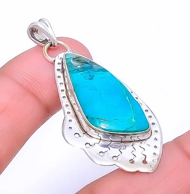Дизайнерский кулон из стерлингового серебра 925 пробы с драгоценными камнями хризоколла - Перу 1,95 дюйма A375 - Изображение 1 из 4