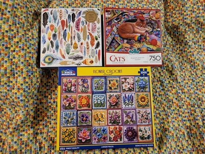 Lot Of 3 Puzzles, FLOWER CROCHET, FEATHERS, CATS PUZZLING PROBLEM - Image 1 of 4