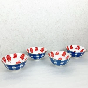 Strawberry Blue Plaid 4 Cereal Bowls Colorful Summer Fruit Farmhouse - Picture 1 of 6