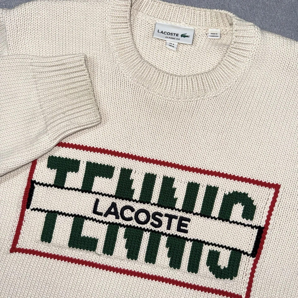 Suéter Tenis Lacoste Para Hombres Medio Cable Tejido Cuello Redondo Hechizo Retro RARO Foto 1 de 4