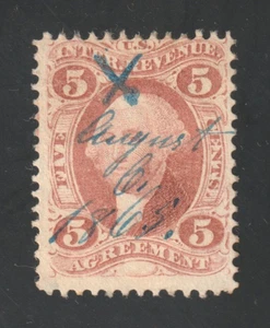Scott # R23c, Used, F, 5¢ Agreement, Lovely Blue Manuscript Cancel, 8/6/1865 - Picture 1 of 2
