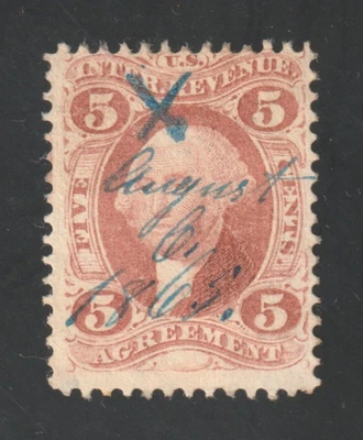 Scott # R23c, Used, F, 5¢ Agreement, Lovely Blue Manuscript Cancel, 8/6/1865 - Image 1 of 2