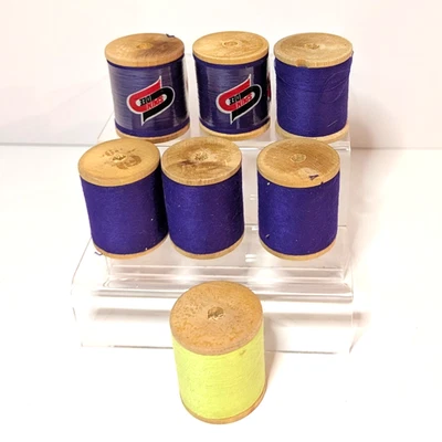 Vintage Spun Dee Purple and Neon Yellow Thread Lot, 7 Wooden Wood Spools - Image 1 of 4