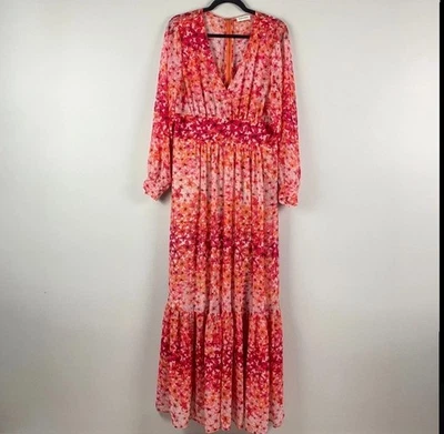 Calvin Klein Floral Chiffon Maxi Dress Size 12 Long Sleeve Orange Pink Sheer - Image 1 of 2