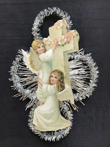 Antik Look Schrott Weihnachtsschmuck, 2 ENGEL mit Kreuz, Handarbeit - Bild 1 von 4