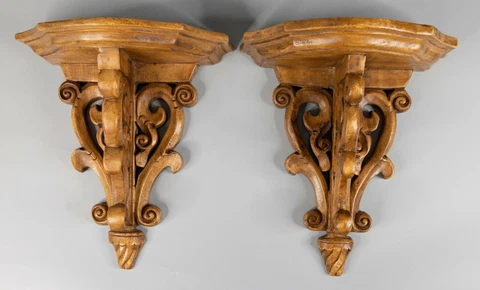 Pair Vintage Mid Century Large Italian Carved Oak Wall Brackets Shelves Corbels Cover
