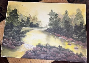 Pintura al óleo original relajante con vista lateral al atardecer de nuevo de nuevo - Imagen 1 de 3