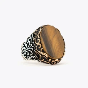 Tiger Eye Gemstone 925 Sterling Silver Handmade Ring For Mens All Size - Picture 1 of 8