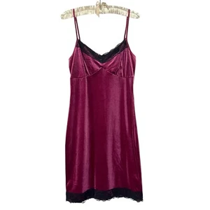 Vtg Y2K Velvet Babydoll Slip Dress S Lace Trim Maroon Red Whimsigoth Fairy Dark - Picture 1 of 8