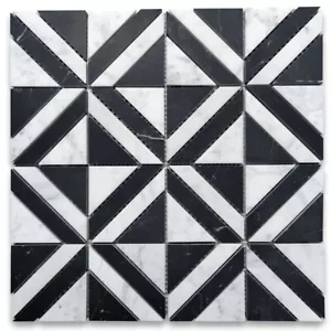 C85E1XH Carrara White Marble Striped Square Maze Mosaic Tile Marquina Black - Picture 1 of 6