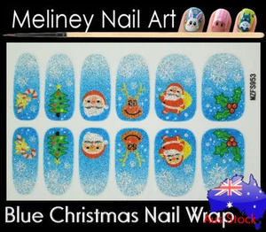 Blue Christmas Full Cover Glitter Nail Art Wraps Stickers Santa tree Snowflake - Picture 1 of 2