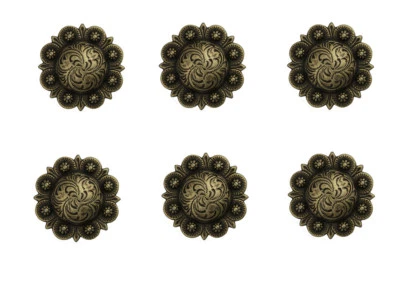 Комплект из 6 СТАРИННЫХ ЛАТУННЫХ ГРАВИРОВАННЫХ ЯГОДНЫХ КОНЧО ВЕСТЕРН СЕДЛО ЛОШАДЬ ГВОЗДИКА - Изображение 1 из 3