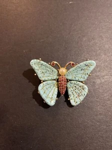 Vintage Signed CINER Butterfly Pin Brooch Molded Glass Wings Faux Pearl/Rubies - Picture 1 of 5