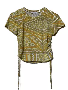 Olivaceous Geometric Design Blouse Yellow Orange White Tie Sides Crop Size W-M - Picture 1 of 5