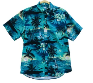 Euow Floral Hawaiian Shirt Blue Tropical vacation ￼Mens Medium Button-Up - Picture 1 of 5