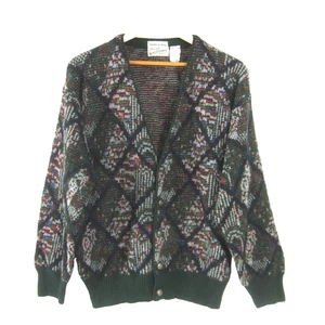 Vtg Sears Roebuck Mens M Green Gray Multi-Color Argyle Wool Cardigan Made Italy - Picture 1 of 11