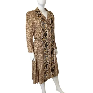 Vintage 1970s Tan & Brown Floral Twee Button-Down Midi Shirtdress, L - Picture 1 of 15