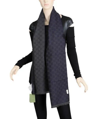 NUEVO GUCCI AZUL MARINO GRIS CARBÓN GG LANA REVERSIBLE LOGOTIPO CHAL ENVOLVER BUFANDA UNIS Foto 1 de 4