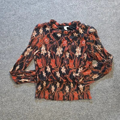 Joie Top 女式 XL 码黑色橙色花卉皱褶长袖衬里经典 — 第 1/4 张图片