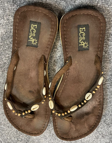 Sandali Ecco donna taglia 38 US 7 7 5 marroni con conchiglie su cinturini scarpe da spiaggia