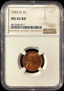 1952-D CHOICE GEM LINCOLN CENT NGC MS65RD UNCIRCULATED-(9c) - Picture 1 of 3